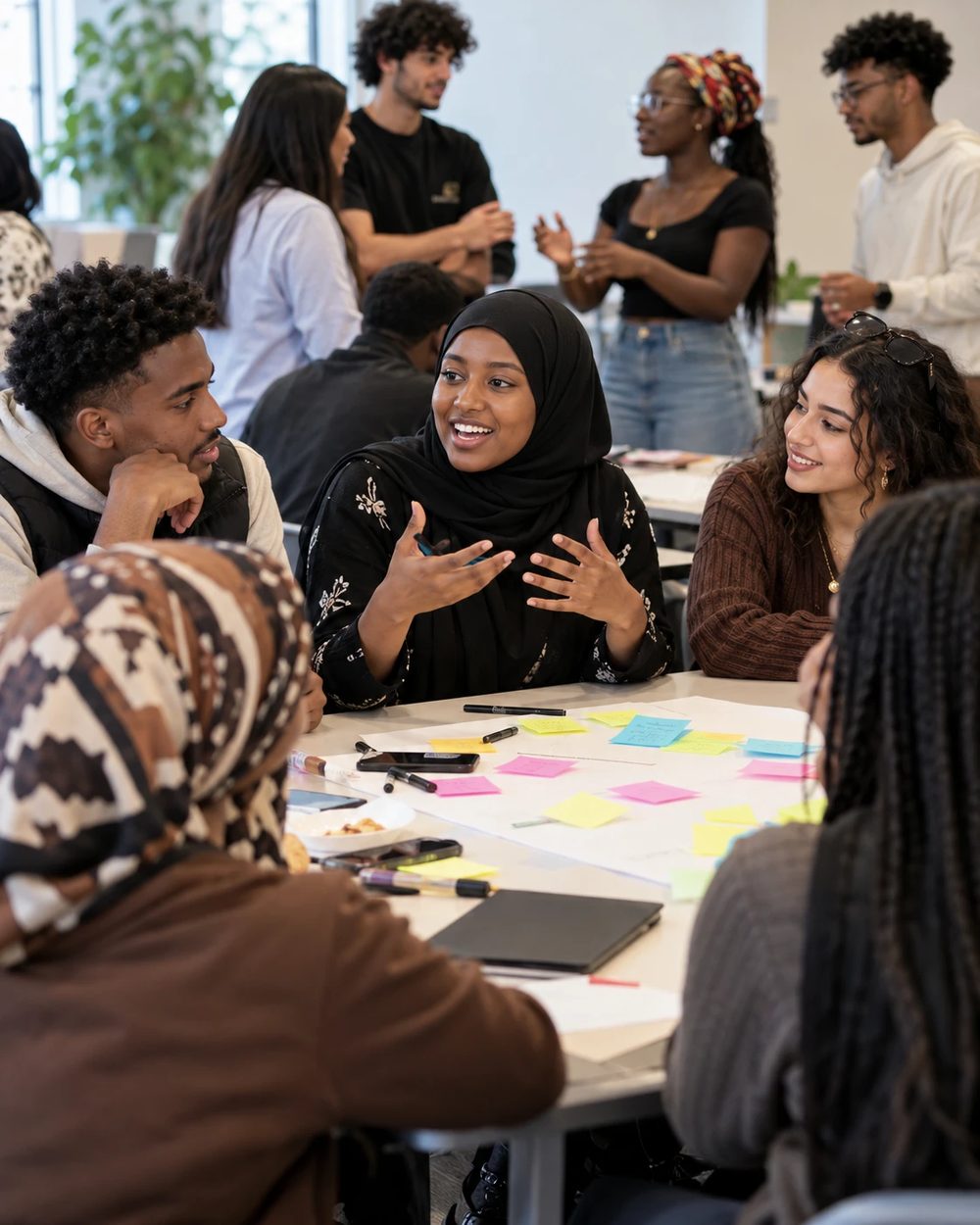 Young people in a workshop talking around a table covered in sticky notes