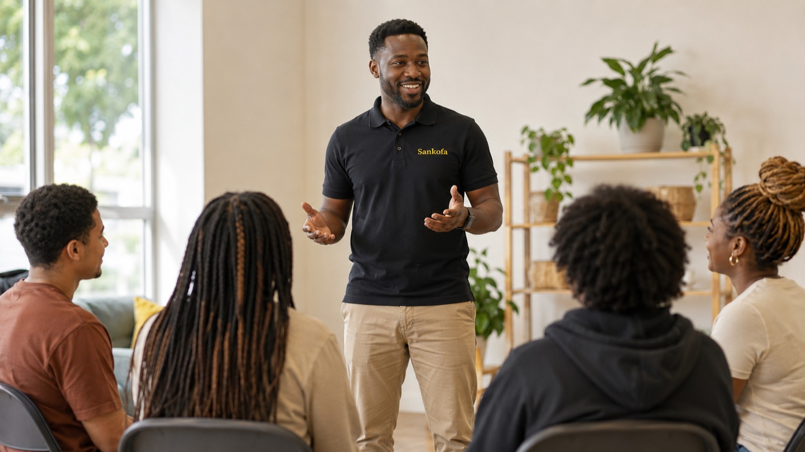 A Sankofa facilitator standing and speaking warmly to a seated group in a bright community room