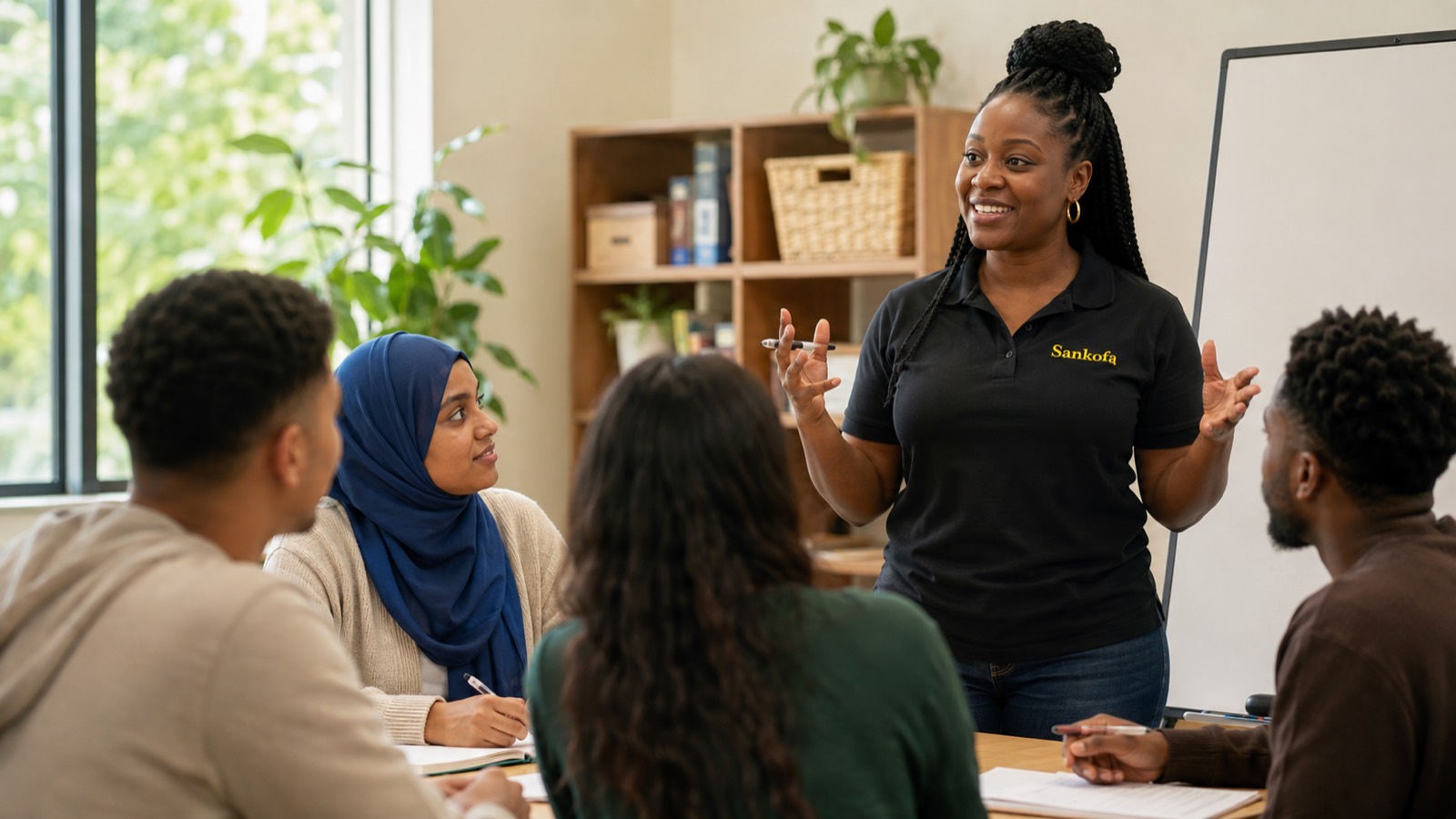 A Sankofa facilitator leading a discussion with a multicultural group in a community room