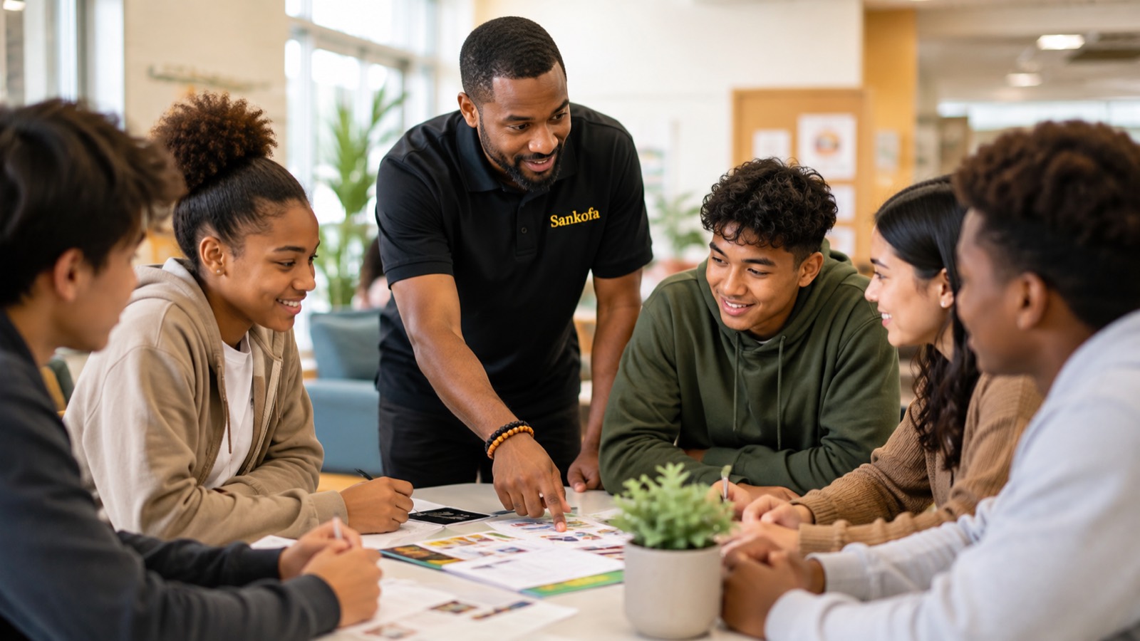 A Sankofa mentor leaning over a table, working through materials with a group of young people